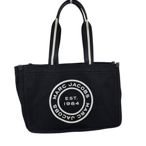 Marc Jacobs Black Signet Logo Large Canvas Zip Top Shoulder Tote Bag